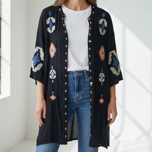 Chicos Kimono‎ Women S/M Navy Blue Embroidered Aztec Cardigan Boho Festival
